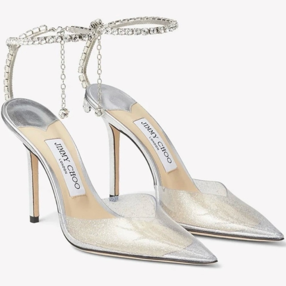 Jimmy Choo Saeda Glitter Plexi and Chain pumps. With box and dust bags.